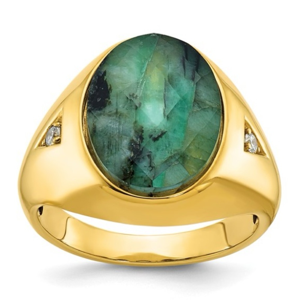 10K Yellow Gold Men's Oval Emerald Doublet & Diamond Ring
